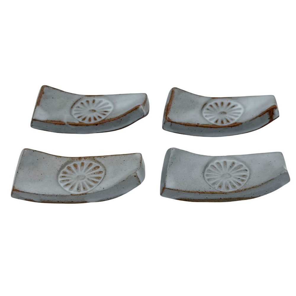 4 Handmade Stoneware Chopstick Rests –‎ Rustic Floral Medallion, Greige Glaze
